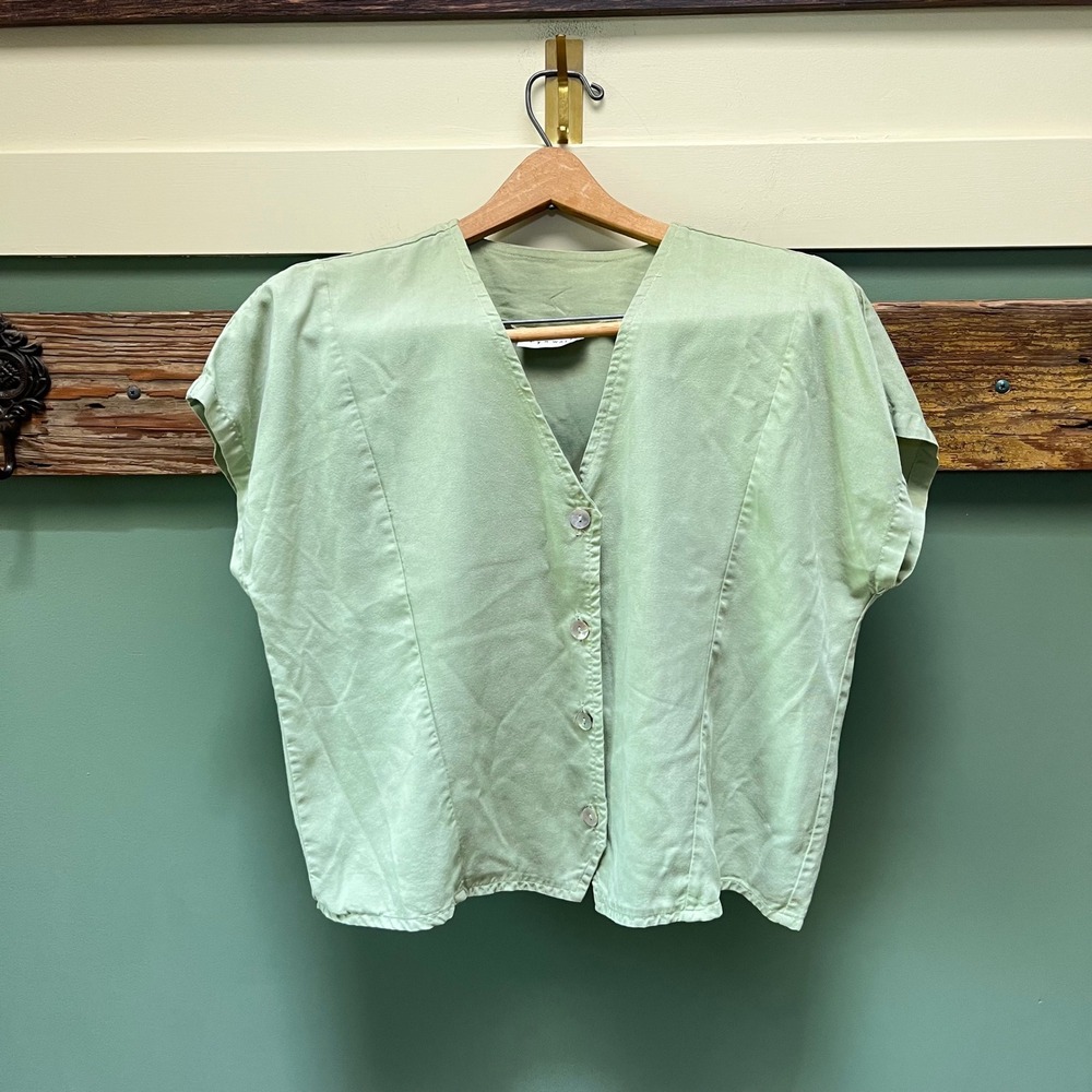Bryn Walker Womens Light Green Tencel Button Front V-Neck Blouse Top Size M USA